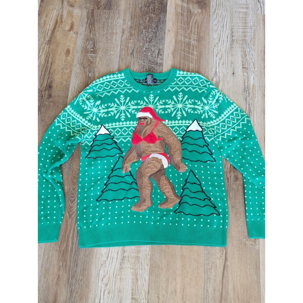 Alex Stevens Mens‎ Green Sasquatch Bigfoot Bikini Ugly Christmas Sweater Large